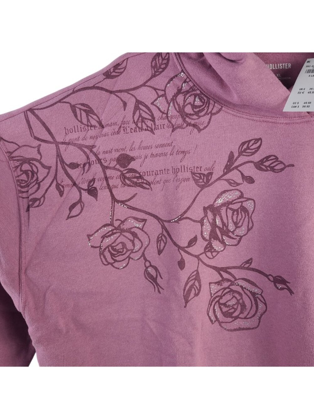 NEW Hollister Women's XL Mauve Hoodie Rose Graphic Design Kangaroo Pocket - Picture 4 of 8